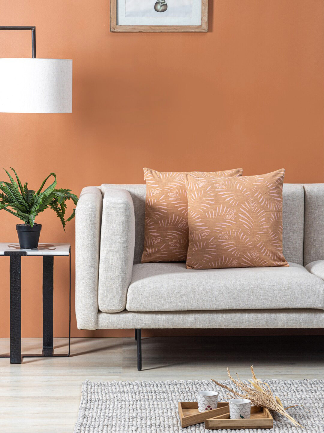 Contrast Living 2 Pieces Orange & White Abstract Cotton  Square Cushion Covers