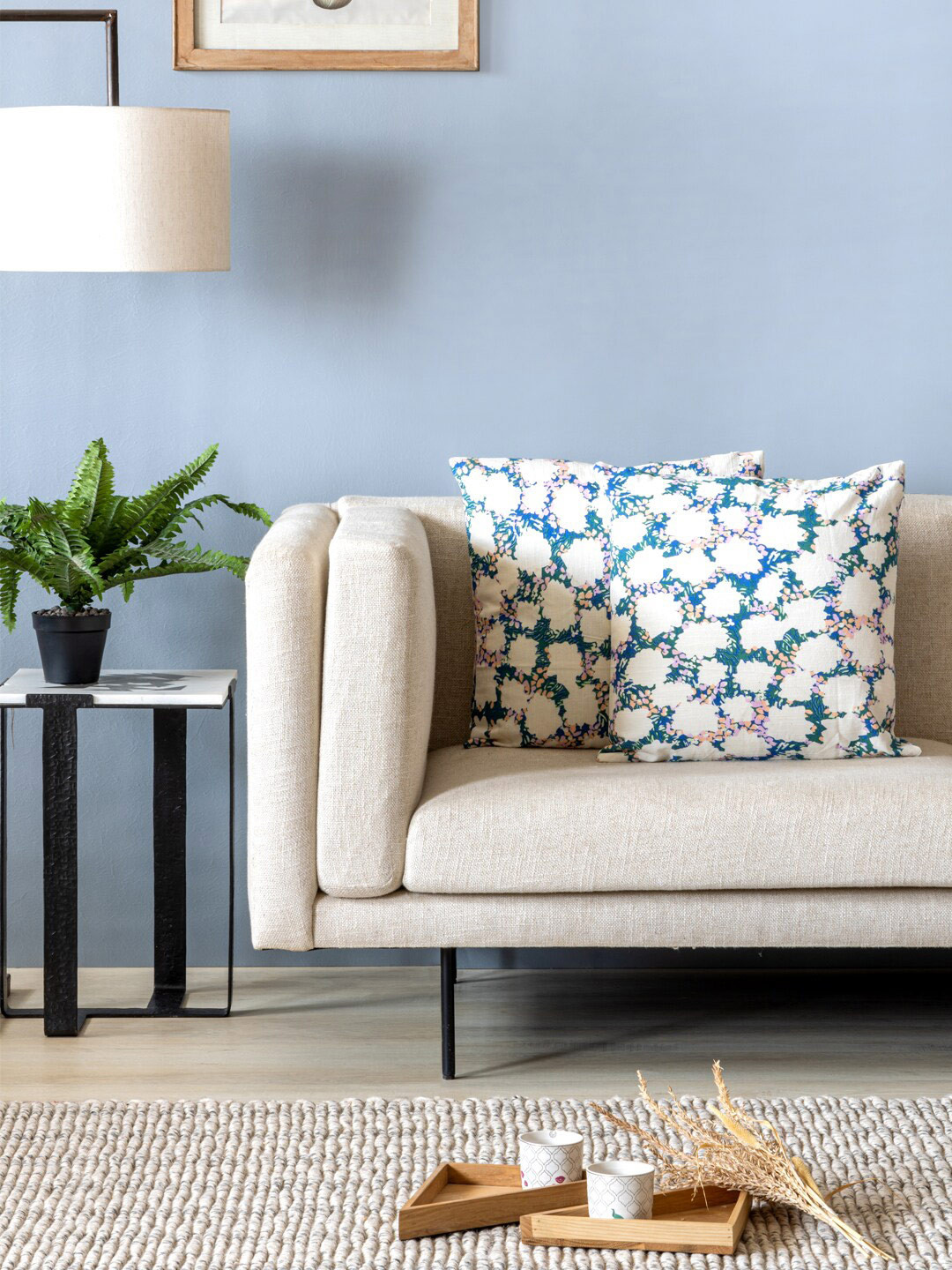 Contrast Living Abstract White Floral Cotton 2 Piece Square Cushion Covers -18x18In