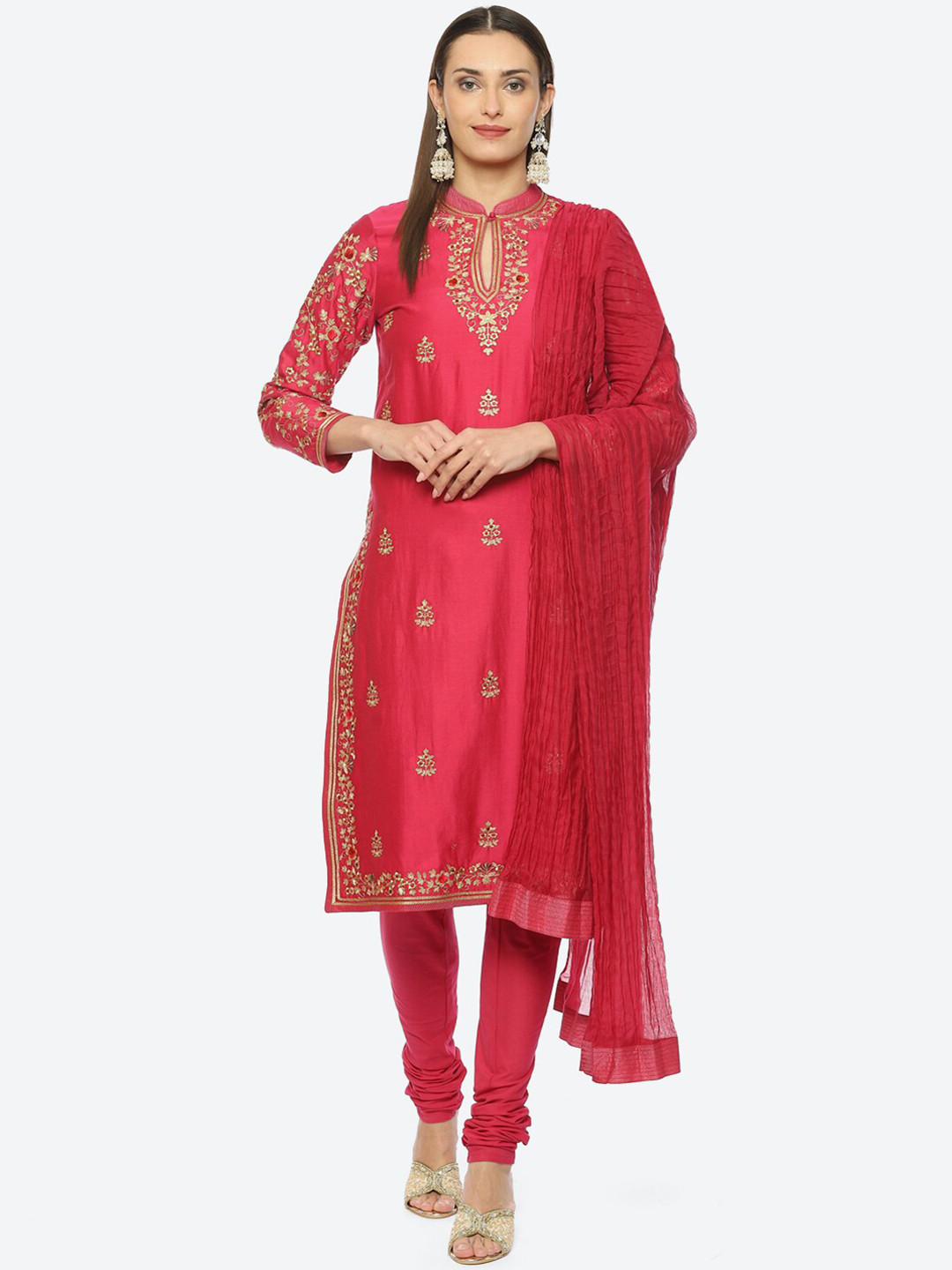 Biba by Rohit Bal Floral Embroidered Zari Chanderi Silk Kurta with Churidar & Dupatta by Rohit Bal