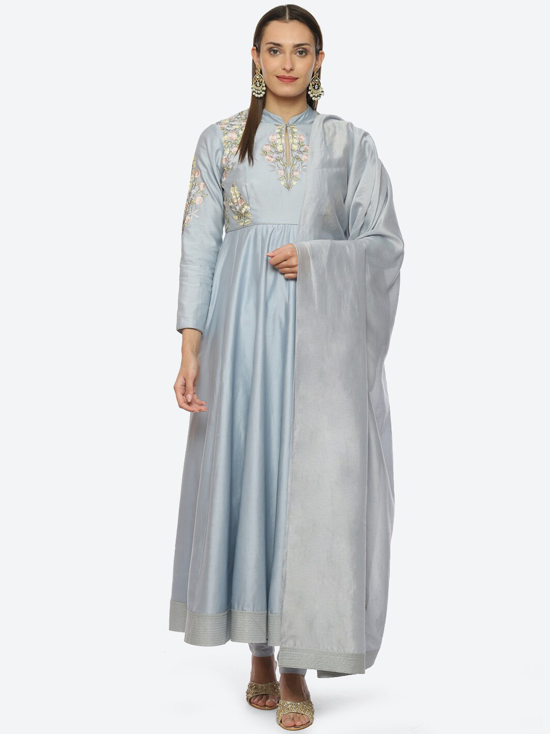 Biba by Rohit Bal Floral Embroidered Mandarin Collar Floor length Anarkali Kurta Churidar & Dupatta