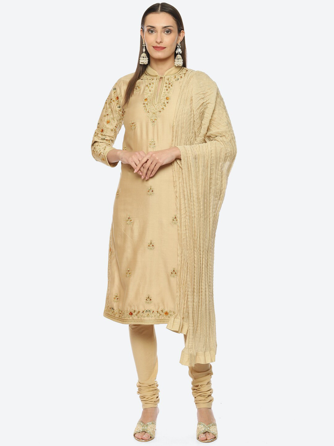Biba by Rohit Bal Band Collar Embroidered Chanderi Silk Kurta With Churidar & Dupatta by Rohit Bal