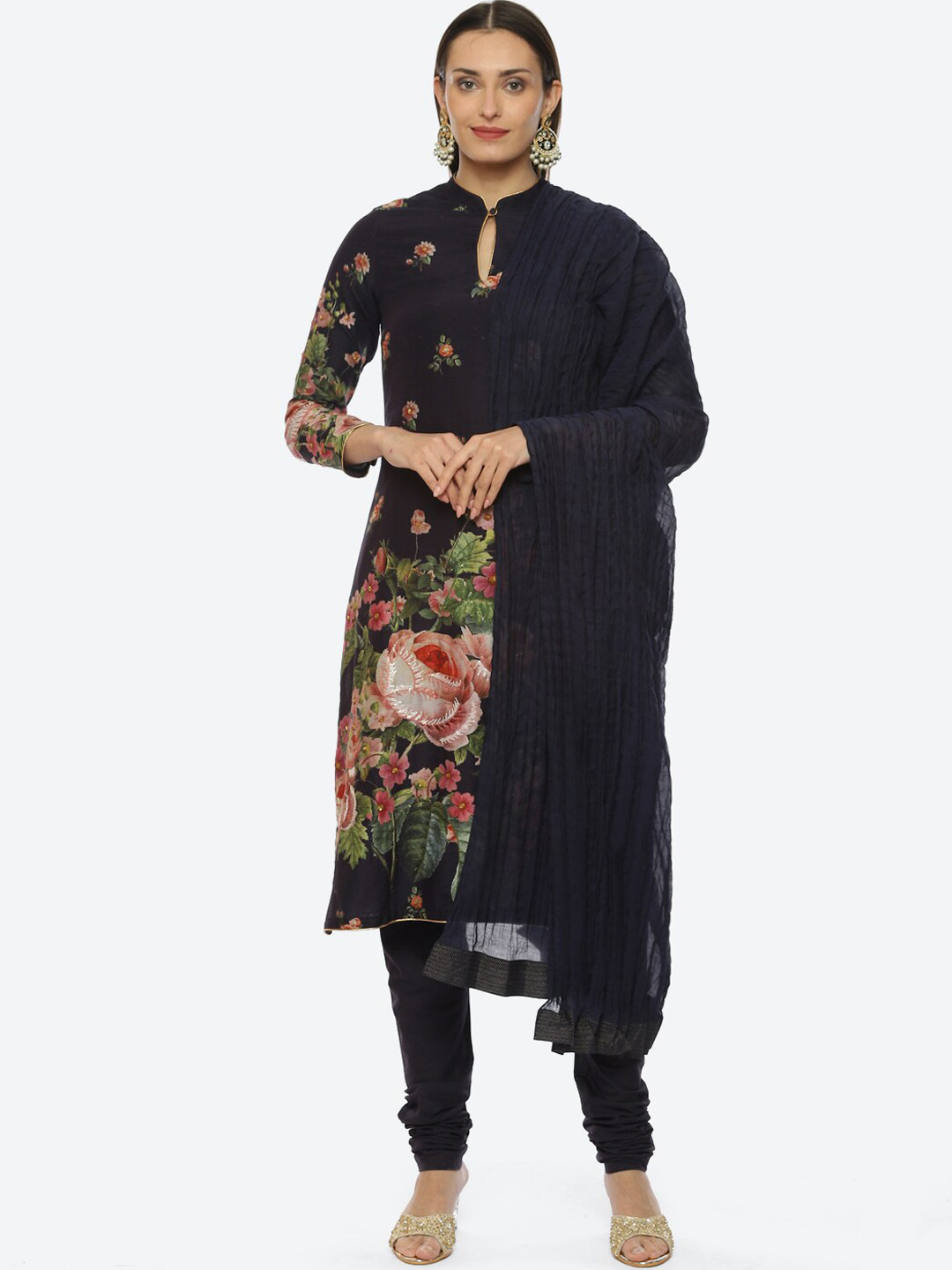 Biba by Rohit Bal Band Neck Printed Sequinned Chanderi Silk Kurta With Churidar & Dupatta by Rohit Bal