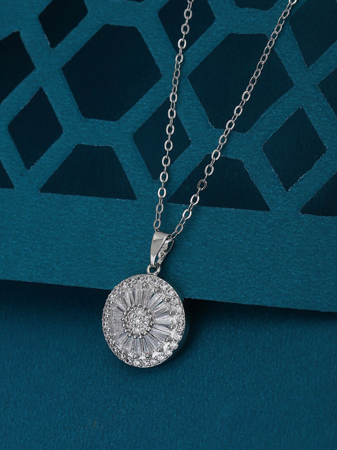 Carlton London Premium Rhodium-Plated & CZ Studded Pendant With Link Chain