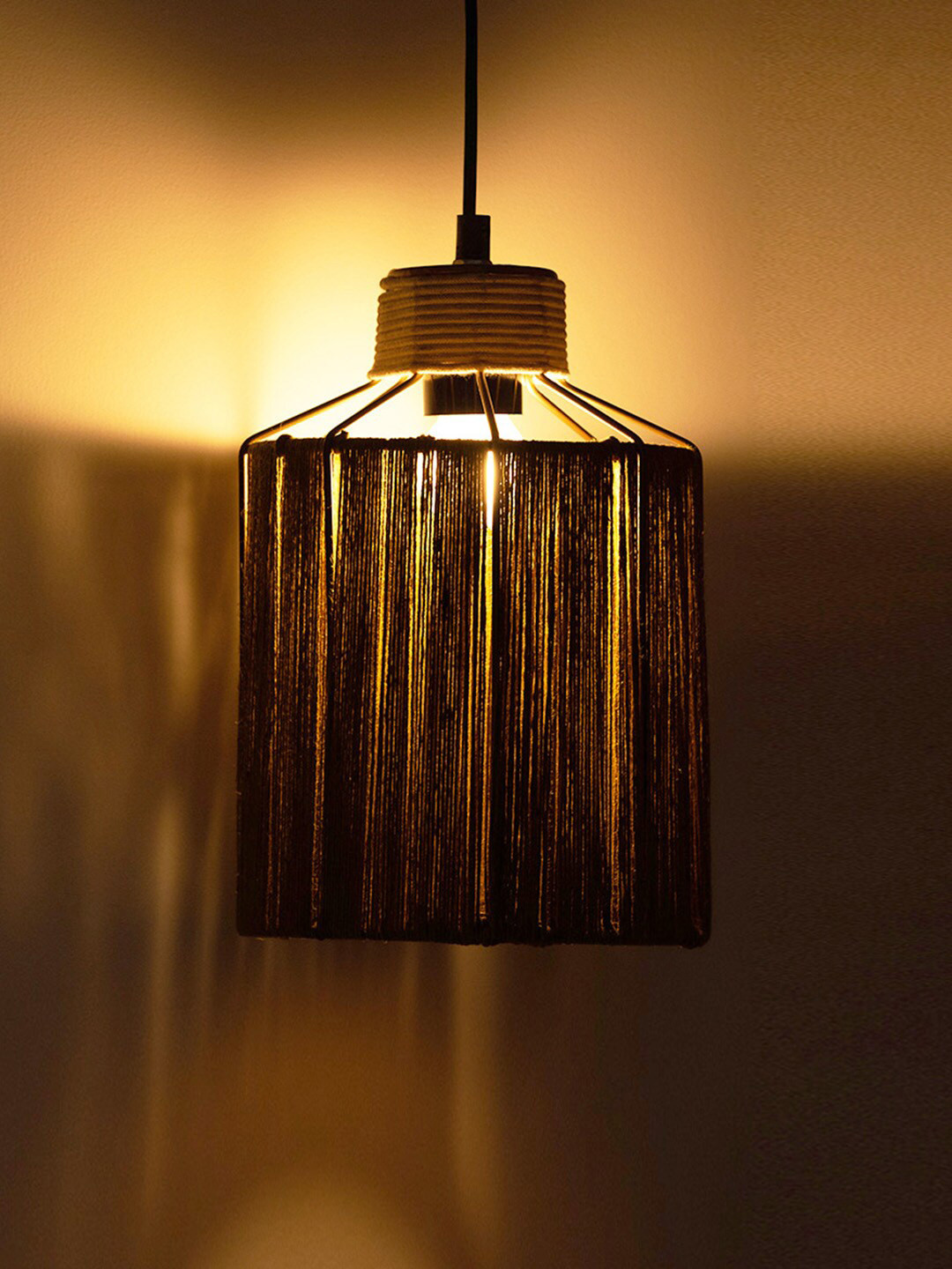 ExclusiveLane Brown Jute Splendours Cylindrical Hanging Pendant Lamp