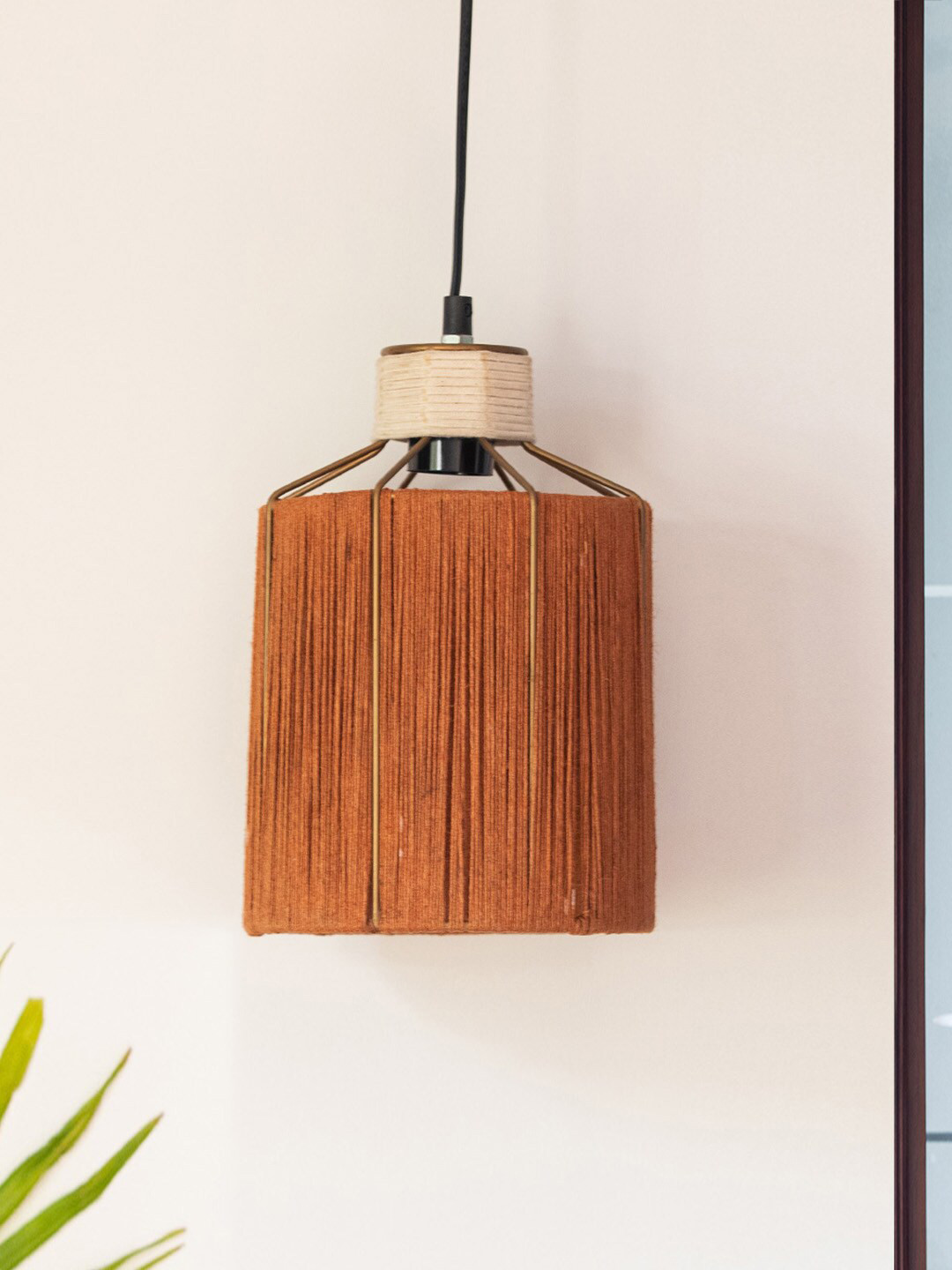 ExclusiveLane Jute Miracles Orange-Colored & Gold Toned Cylindrical Hanging Pendant Lamp