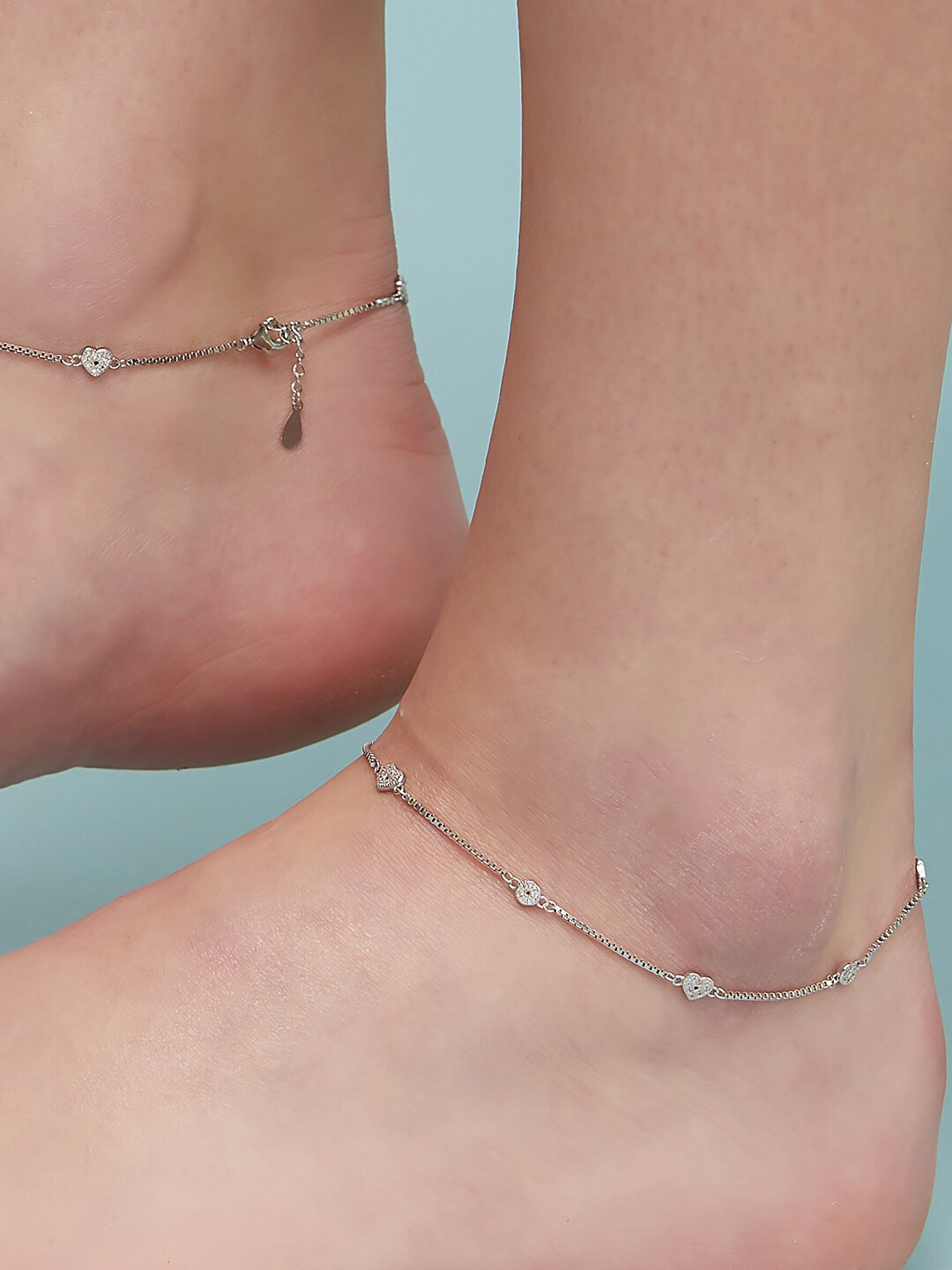 Zavya Set Of 2 925 Sterling Silver Rhodium-Plated Crystal Studded Anklets