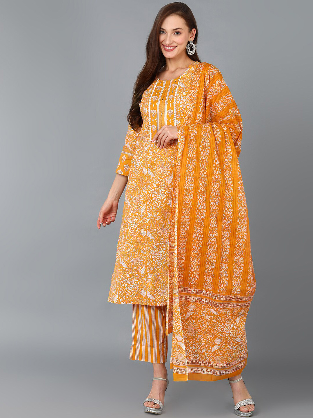 AHIKA Yellow Floral Printed Sequinned Pure Cotton Kurta with Trousers & Dupatta