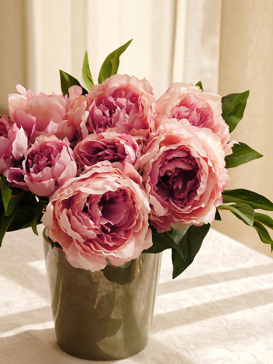 Pure Home and Living Pink & Green Faux Peony Spray Artificial Flower
