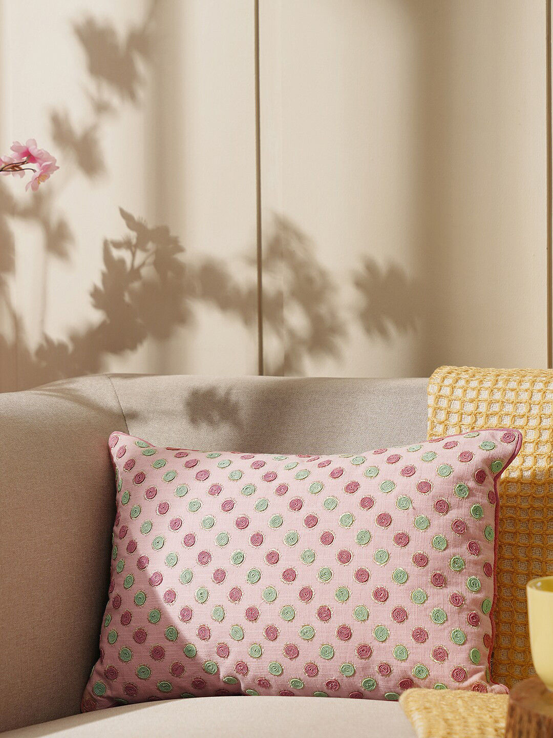 Pure Home and Living Pink & Green Embroidered Cotton Rectangle Cushion Cover