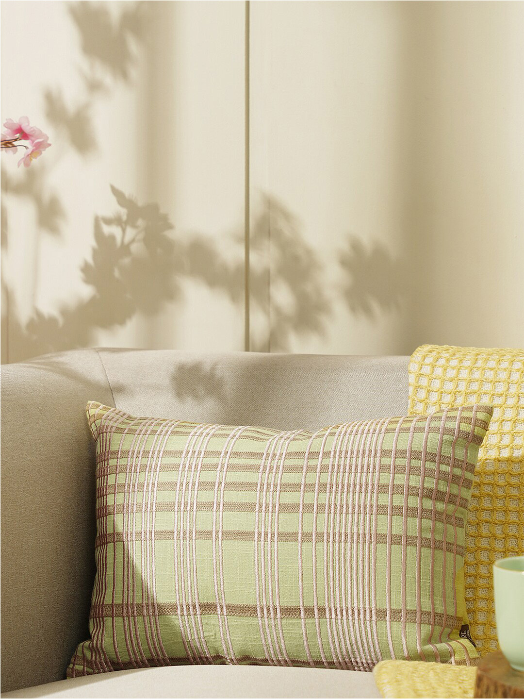 Pure Home and Living Plaid Embroidered Cotton Rectangle Cushion Covers - 17.7 x 11.8 In