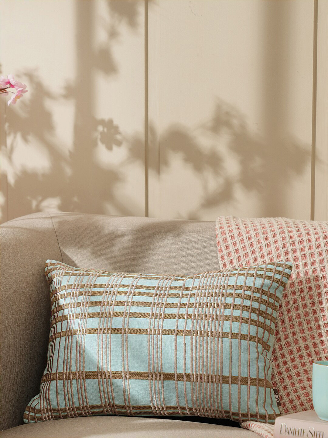 Pure Home and Living Plaid Embroidered Cotton Rectangle Cushion Covers - 17.7 x 11.8 In