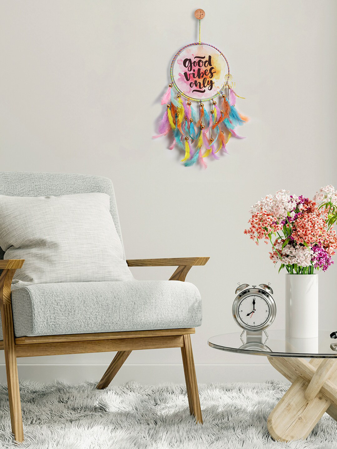 DULI White Good Vibes Printed Dreamcatcher With Feathers