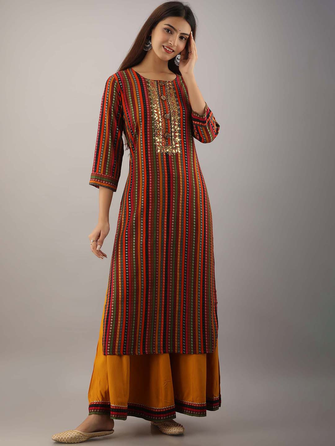 Spera Notch Neck Striped Printed Gotta Patti Kurta With Palazzos
