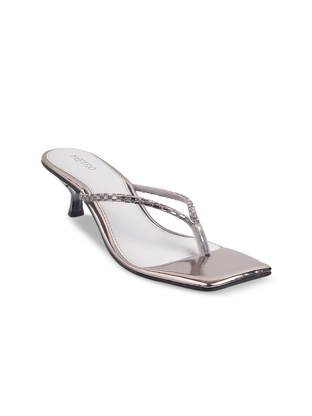 Metro Women Grey Embellished T-Strap Kitten Heels
