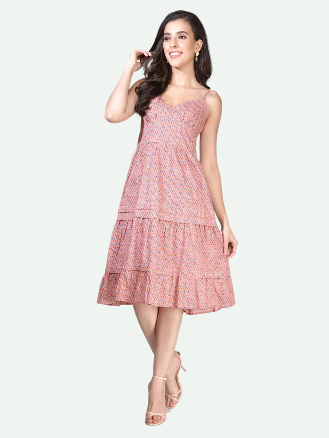 Beatnik Shoulder Straps Micro Printed Fit & Flare Cotton Dress