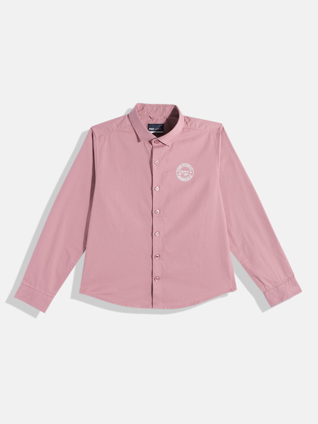 M&H Juniors Boys Solid Opaque Pure Cotton Casual Shirt With Minimal Typography Print
