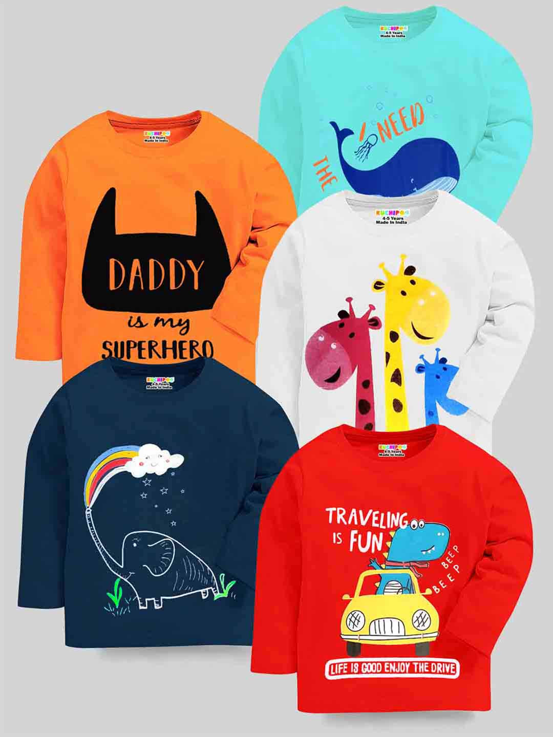 KUCHIPOO Kids Pack of 5 Printed Cotton T-shirts