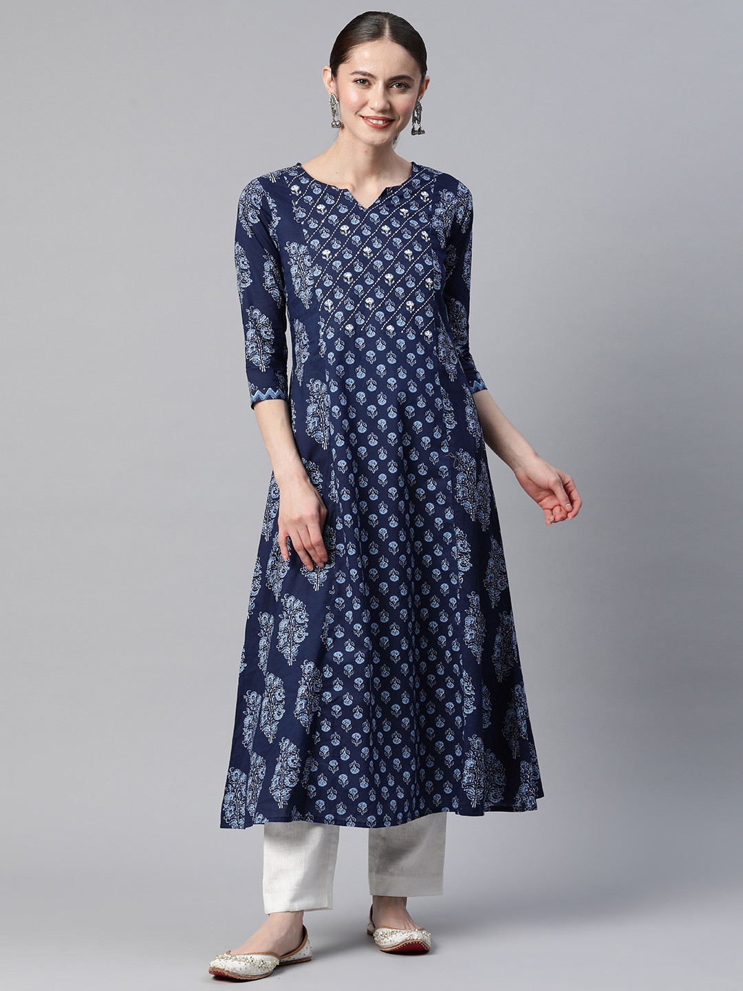 Vbuyz Womens Blue Print with Hand Work A-Line Cotton Kurta