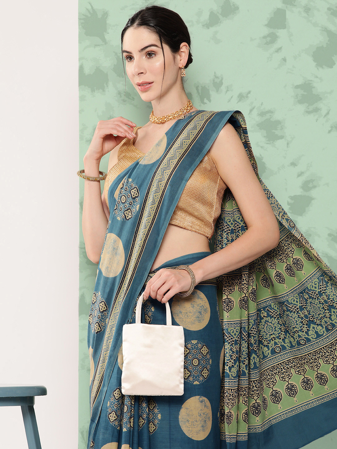 Yufta Ajrak Printed Pure Cotton Khadi Saree