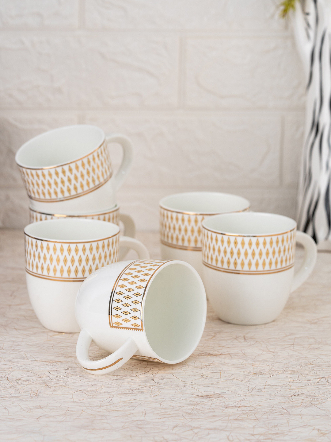 JCPL Thank U White Geometric Ceramic Microwave Safe 6 Piece Mugs-200ml