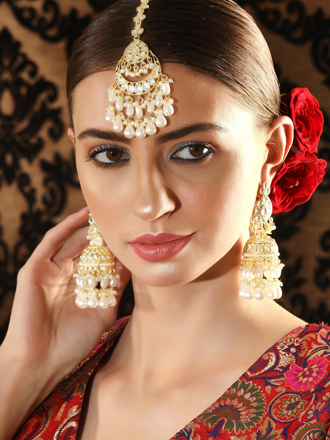 Rubans 18K Gold Plated Handcrafted Kundan and Pearl Beaded Maang Tikka and Earrings Set