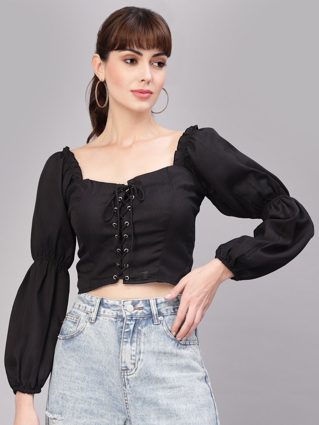 aayu Sweetheart Neck Puff Neck Lace Up Fitted Crop Top