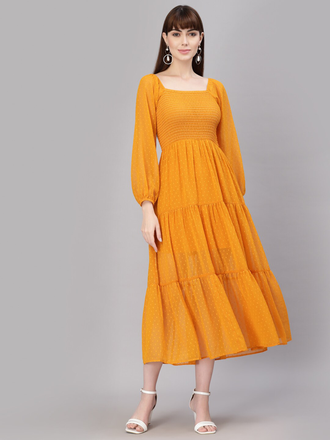 aayu Puff Sleeves Smocked Georgette Tiered Midi A-Line Dress
