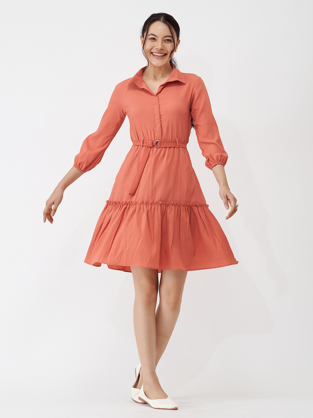 AASK Shirt Collar Crepe Shirt Dress With Belt