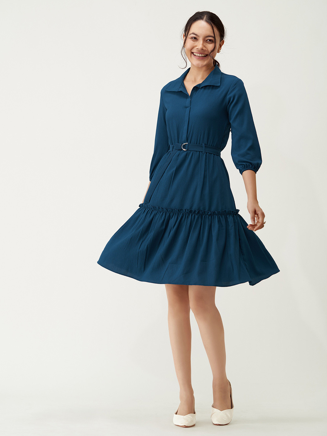 AASK Shirt Collar Crepe Shirt Dress with Belt