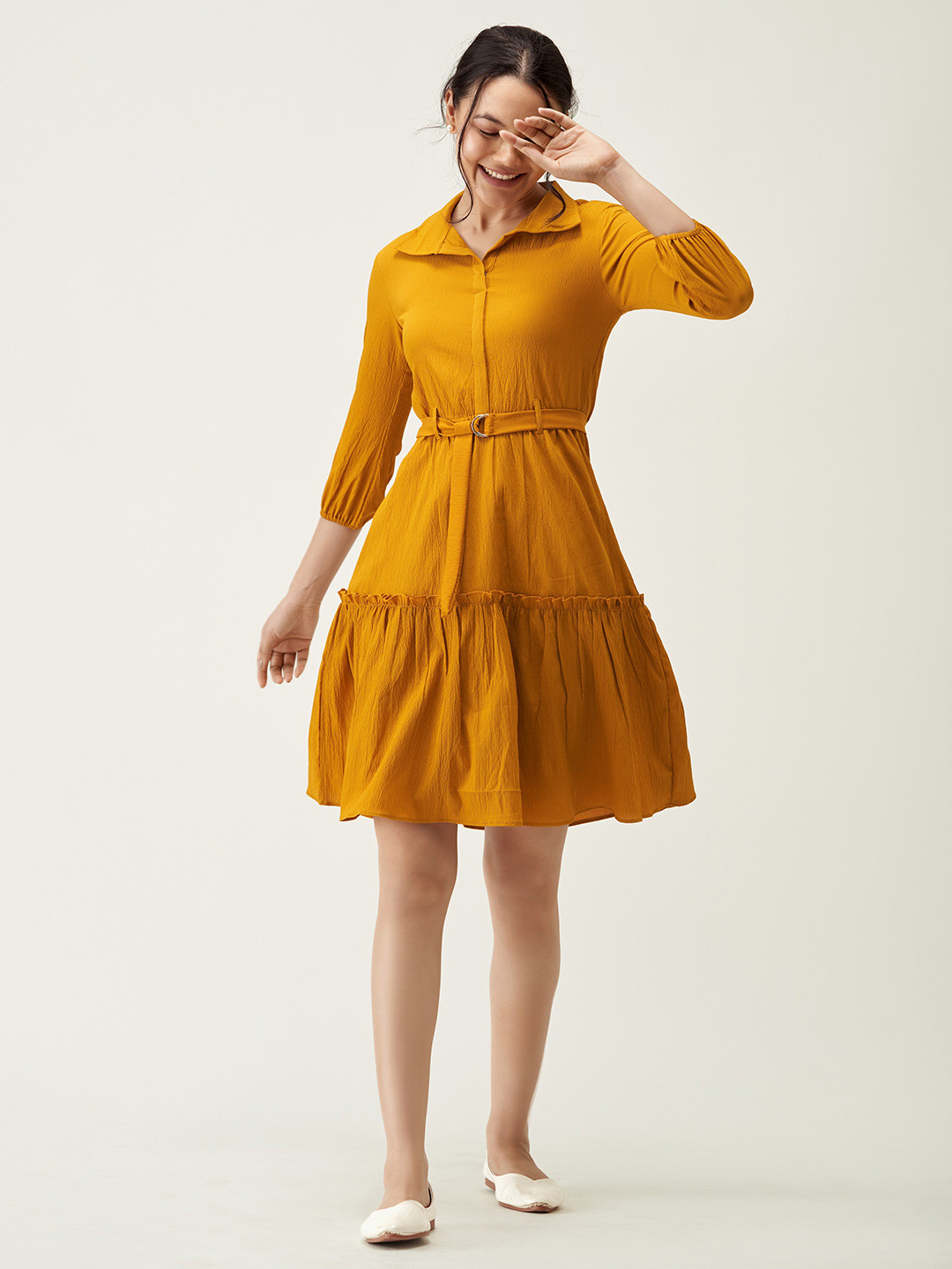 AASK Mustard Tiered Crepe Dress