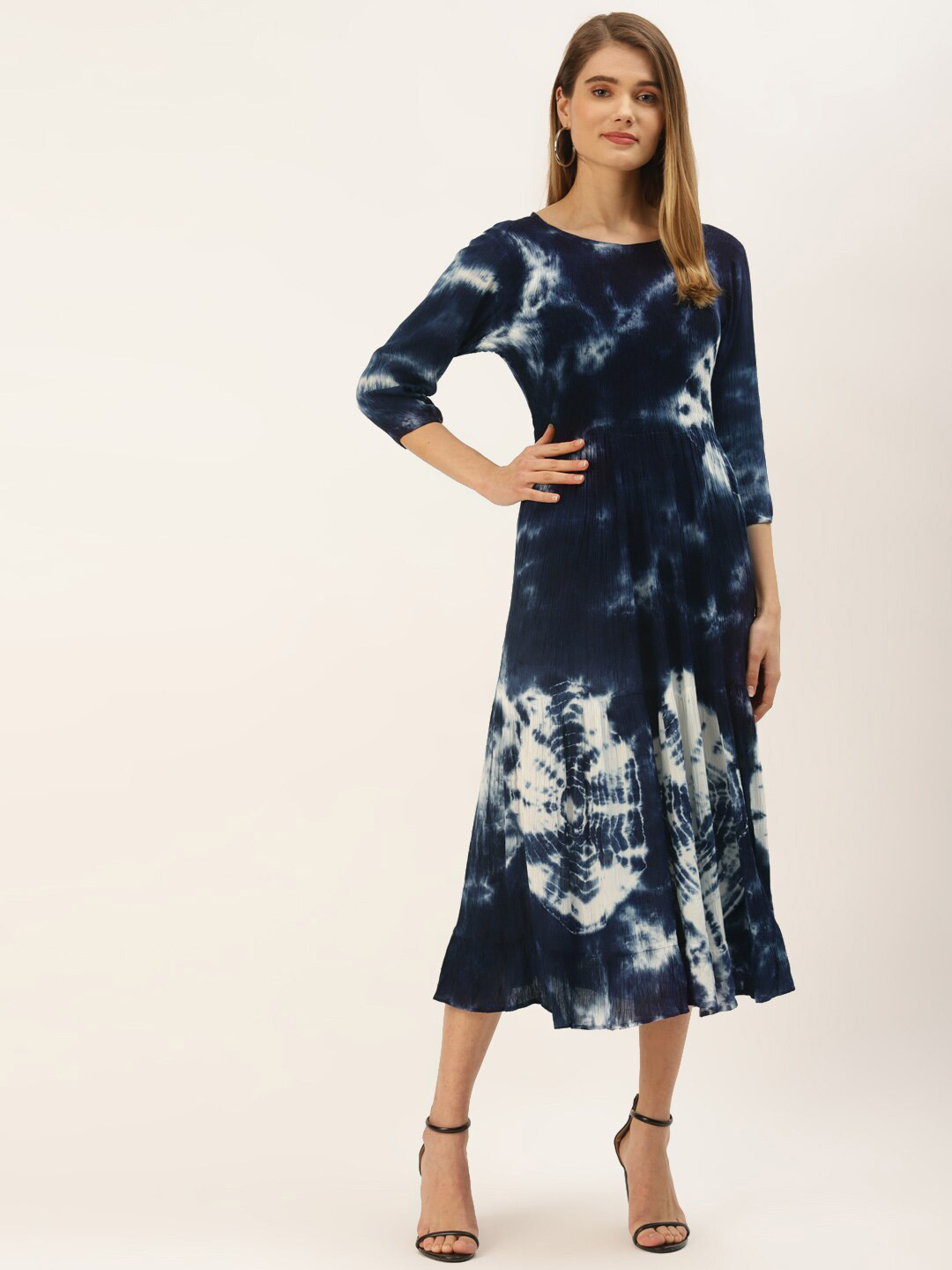 Maaesa Blue Dyed Midi A-Line Dress