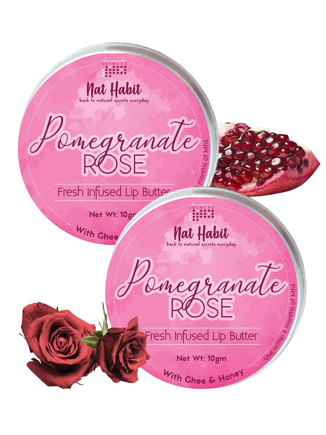 Nat Habit Set of 2 Pomegranate Rose Fresh Infused Lip Butter with Ghee  Honey - 10 g each