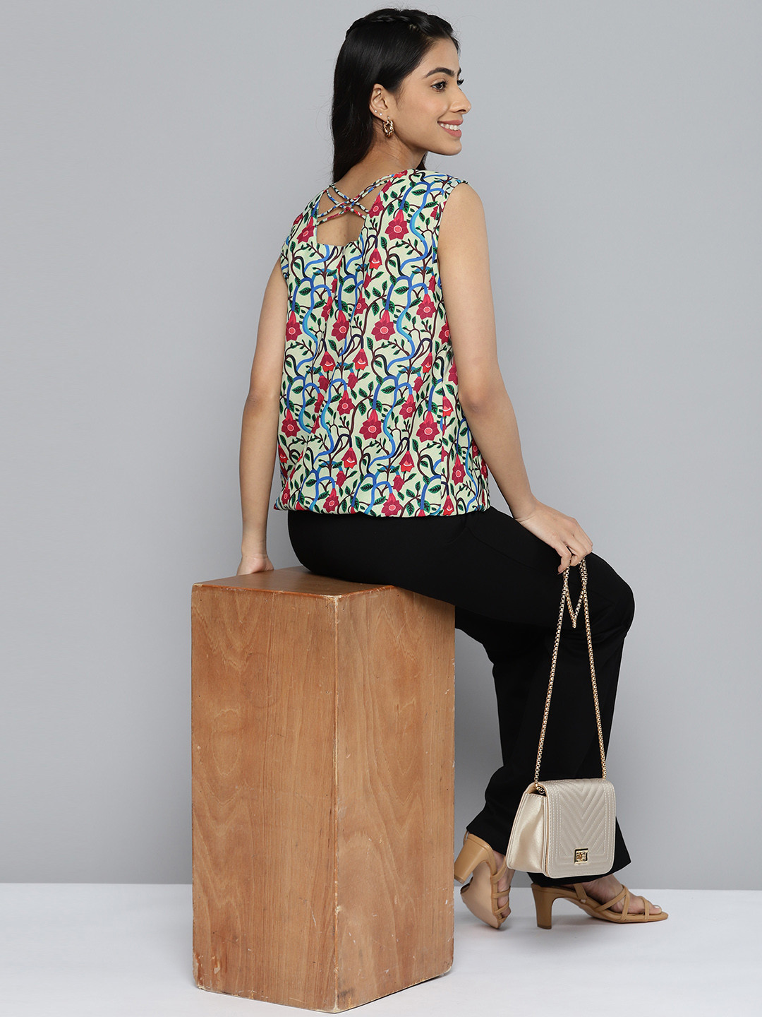 HERE&NOW Floral Print Pleated Detail Styled Back Top