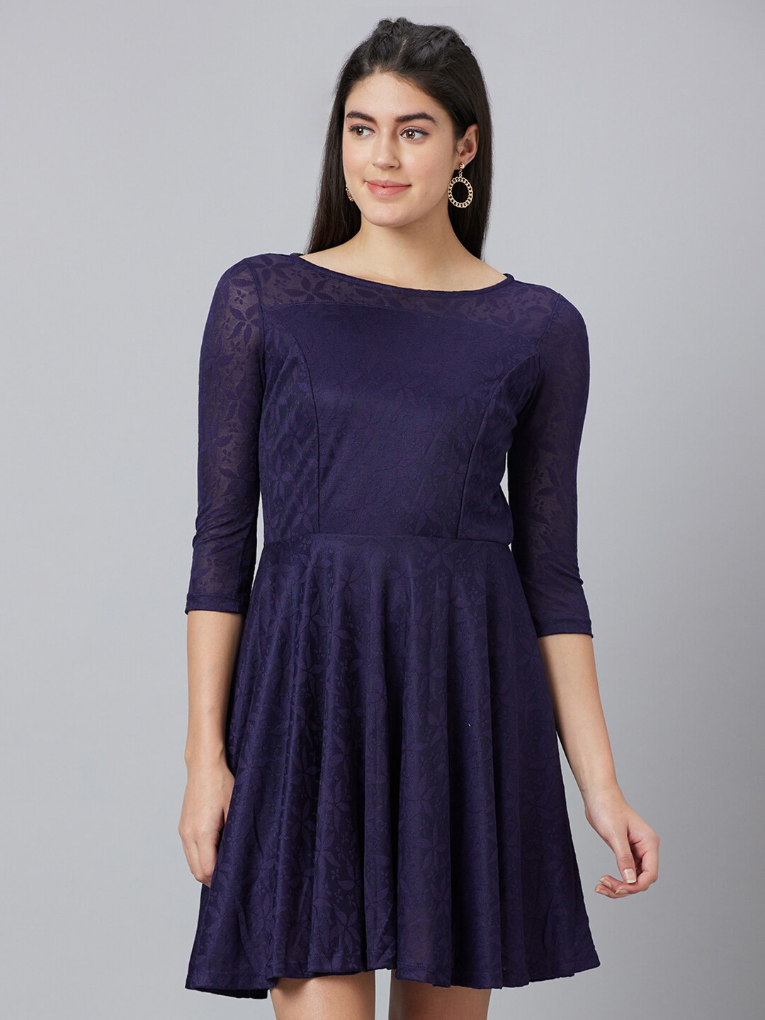 Globus Boat Neck Self Design Fit and Flare Dress