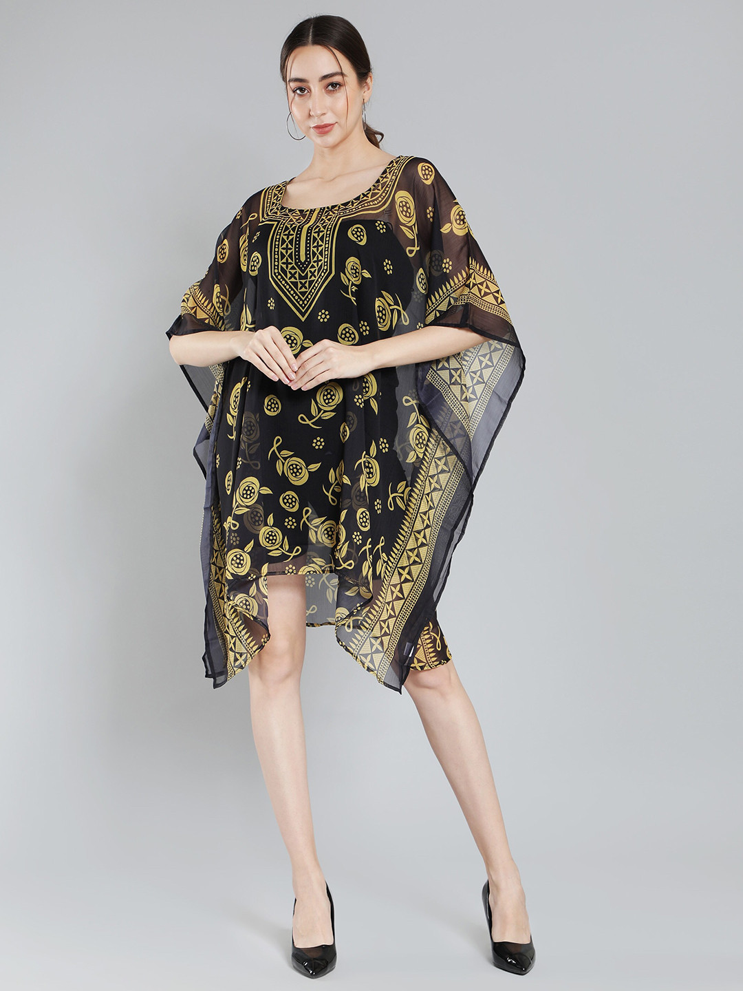 Aditi Wasan Floral Printed Sheer Chiffon Kaftan Midi Dress