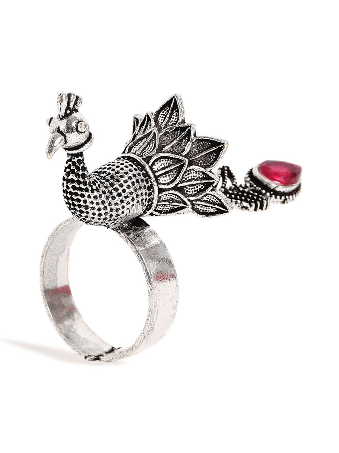 EL REGALO Silver-Plated Stone Studded Peacock Tribal Adjsuatble Finger Ring