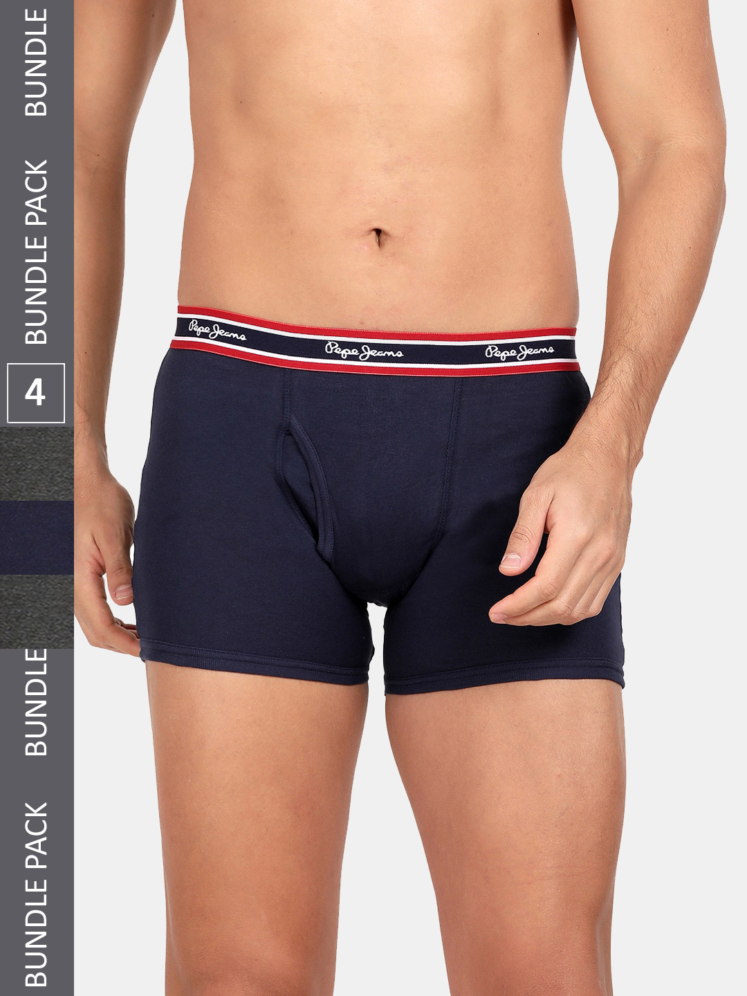Pepe Jeans Men Pack Of 4 Cotton Trunks CLT02-CHARCOAL MELANGE TRUE BLUE-S
