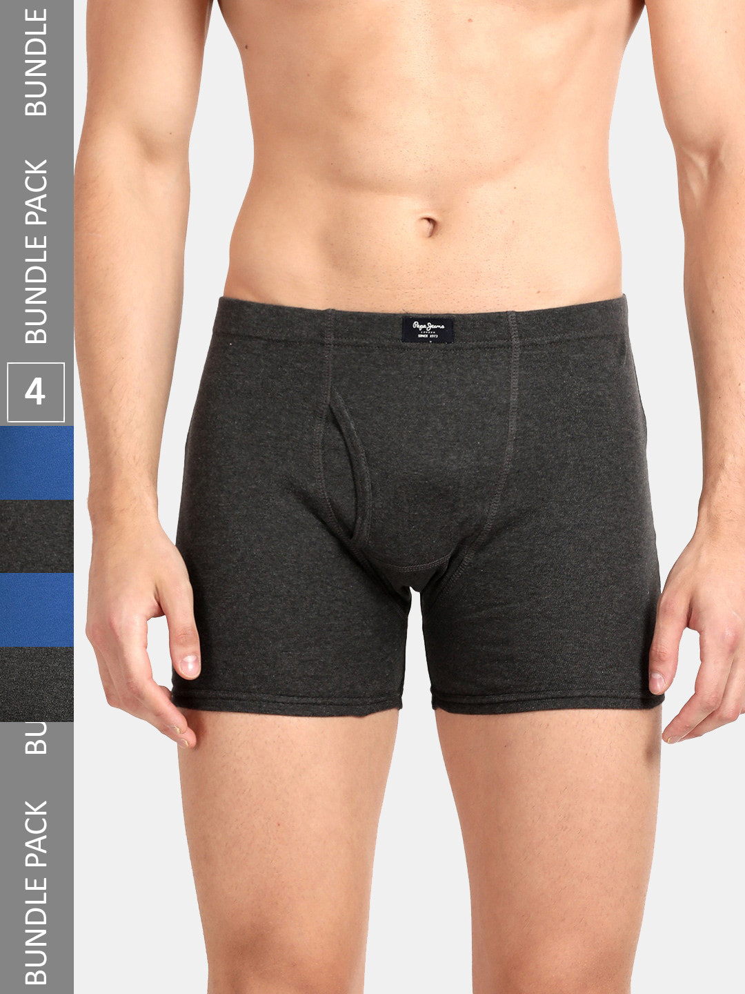 Pepe Jeans Men Pack Of 4 Cotton Trunks CLT01-CHARCOAL MELANGE|CLASSIC BLUE-S