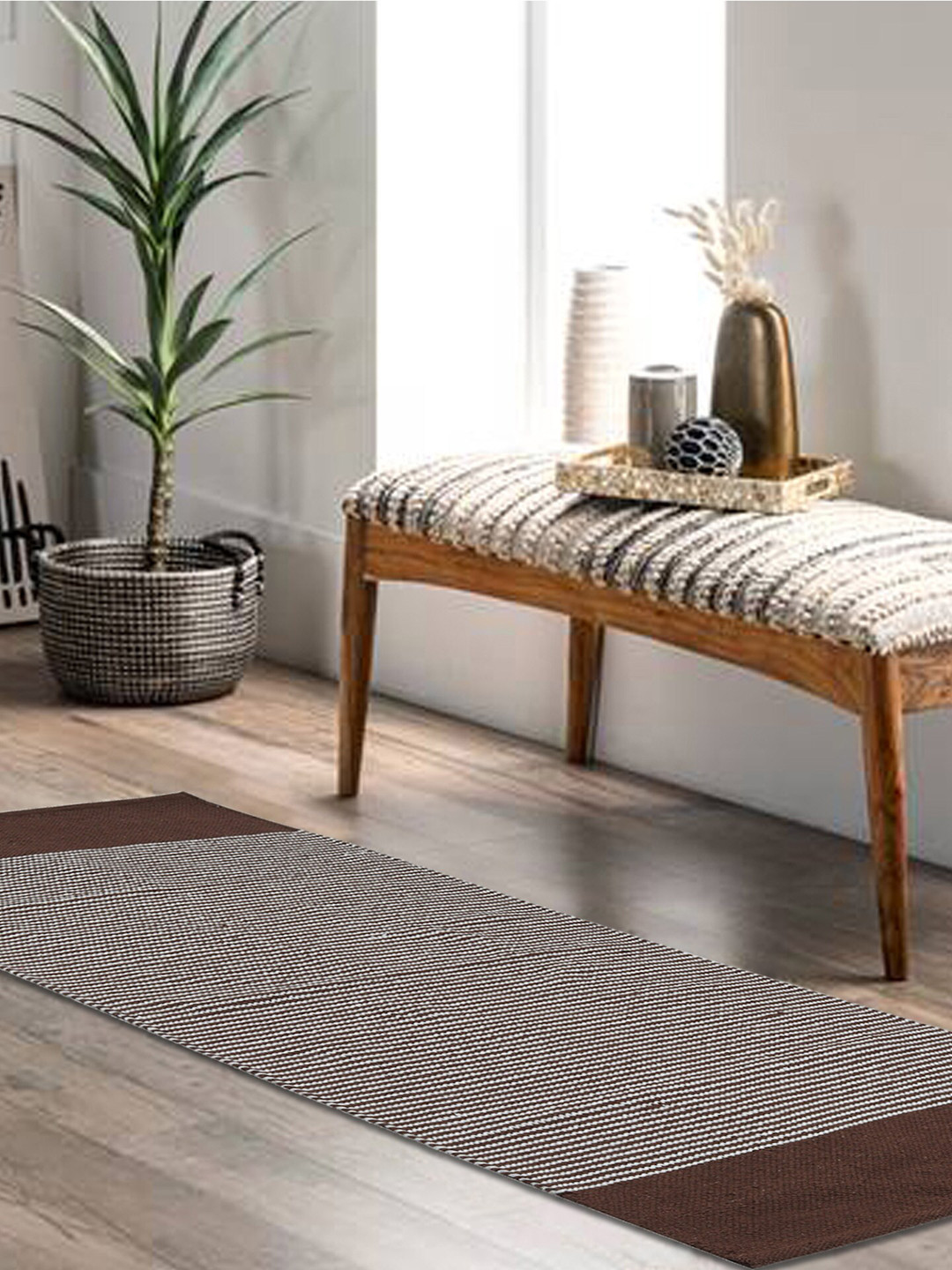 HABERE INDIA White & Brown Hand Woven Cotton Striped Runner