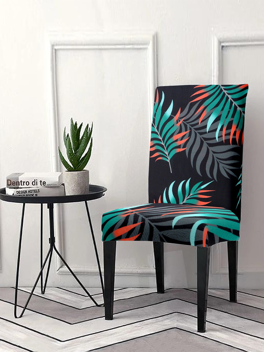 Cortina Black & Teal Printed Super Stretchable Chair Covers