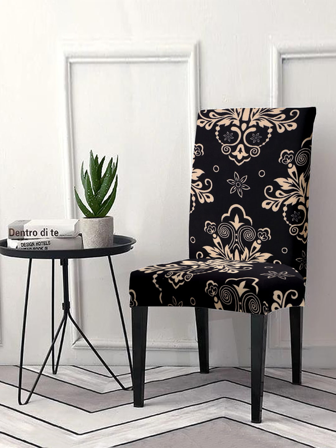 Cortina Black & Beige Printed Super Stretchable Chair Covers