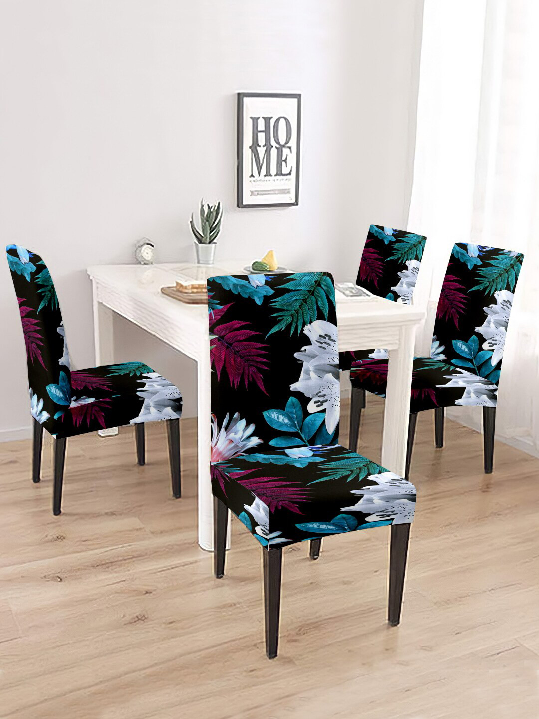 Cortina Black 4 Pieces Leaf Printed Chair Covers