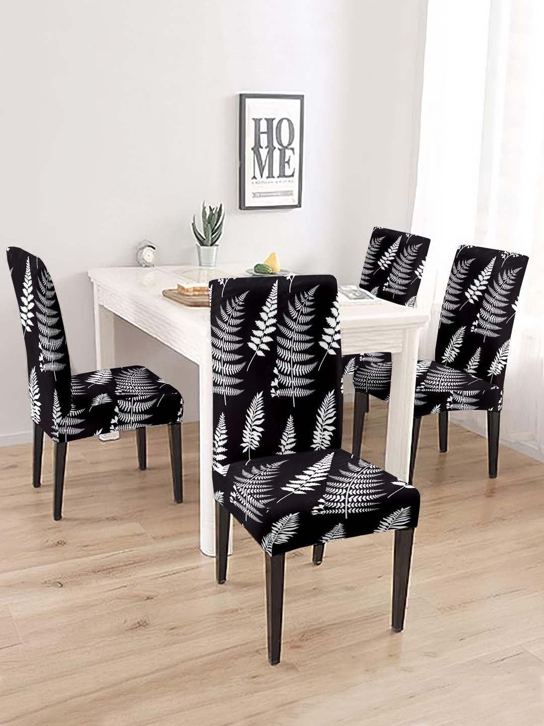 Cortina Black & White 4 Pcs Leaf Printed Super Stretchable Chair Covers