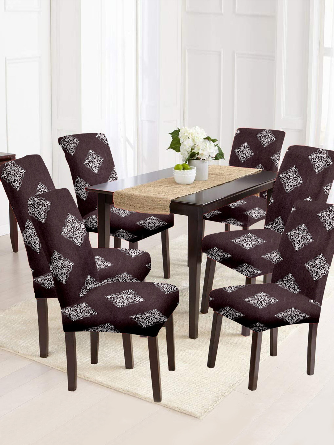 Cortina Brown & Off White 6 Pcs Ethnic Motif Printed Super Stretchable Chair Covers