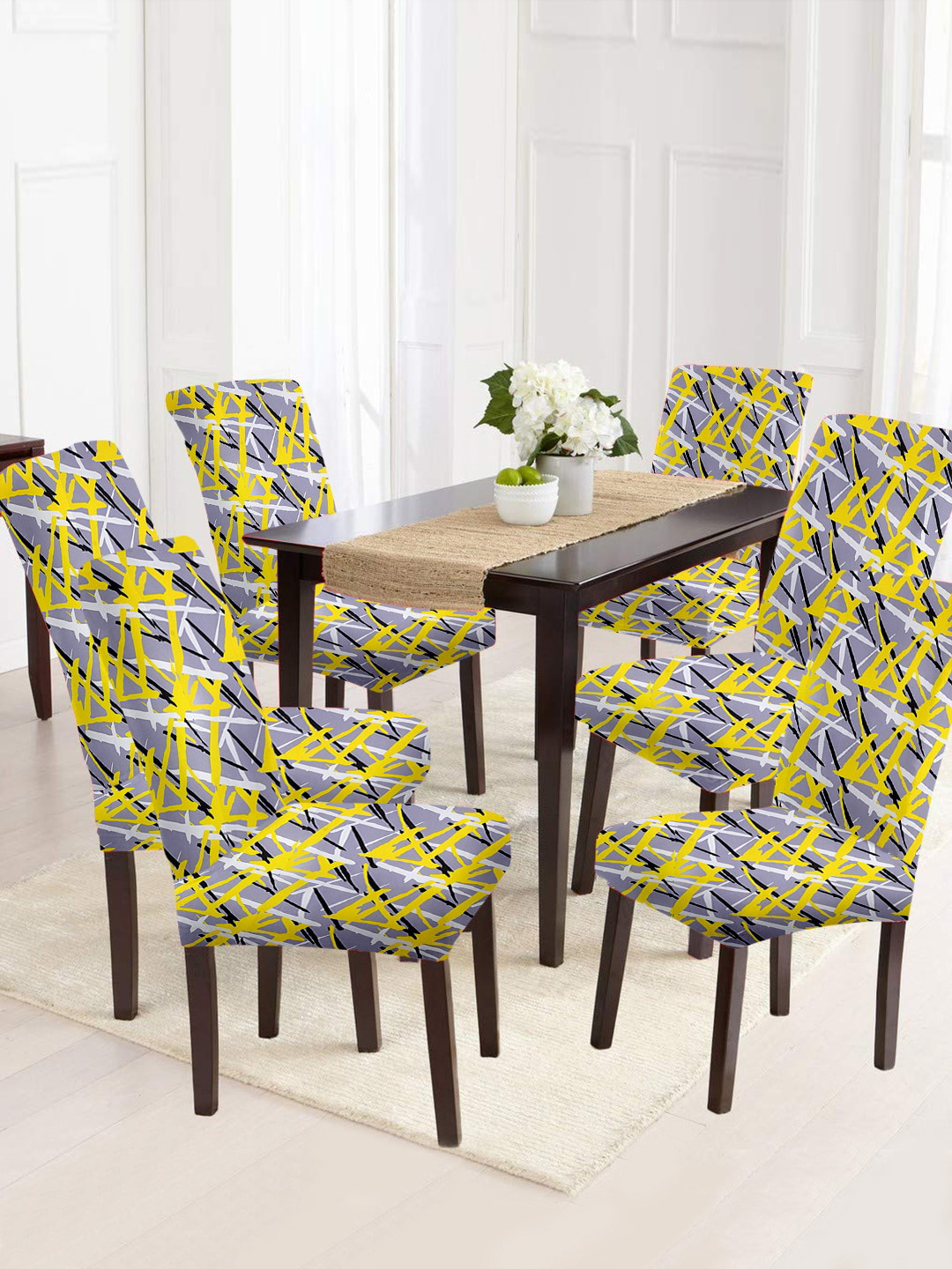 Cortina Yellow & Grey 6 Pcs Abstract Printed Super Stretchable Chair Covers