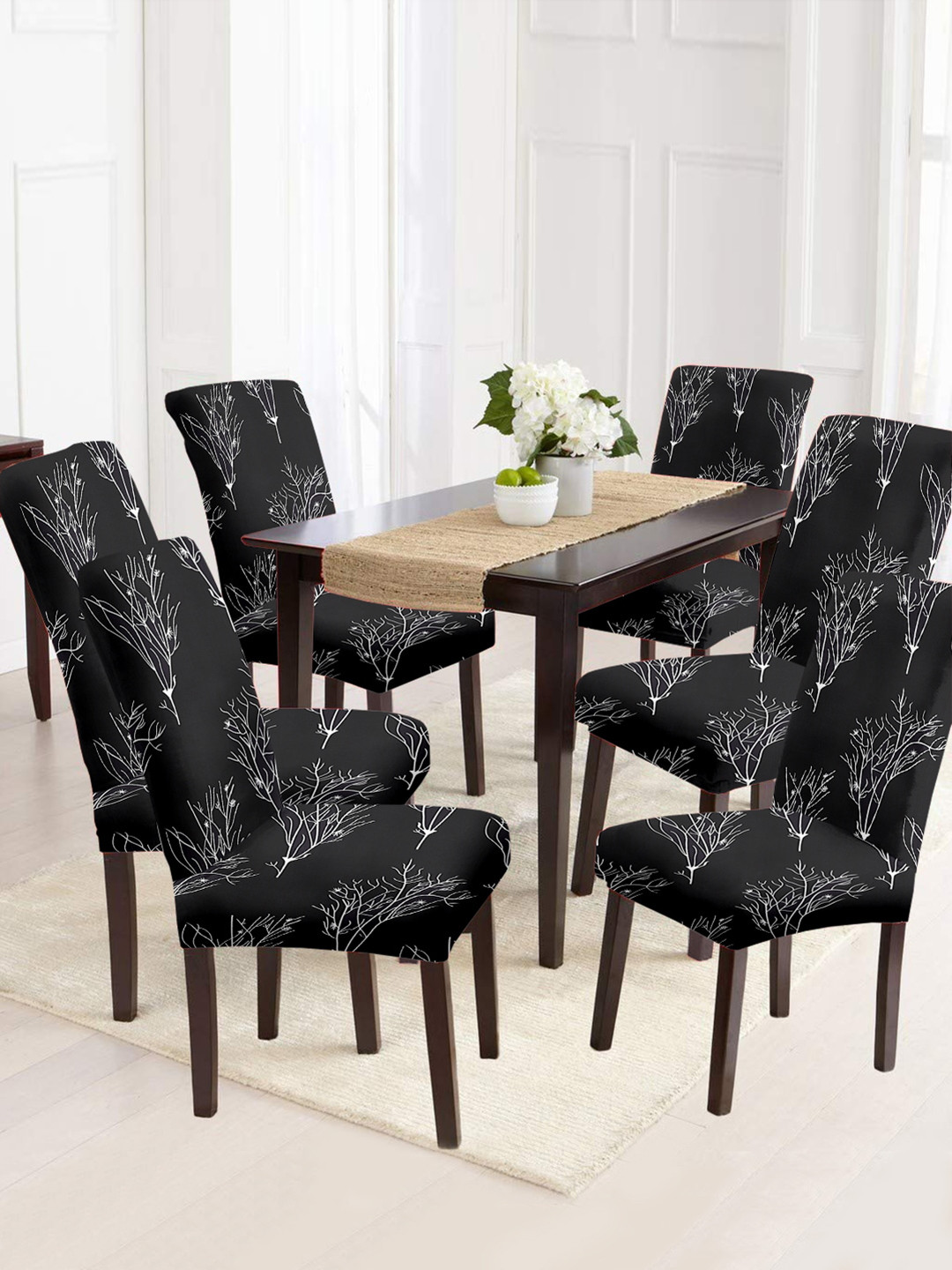 Cortina Black & White 6 Pcs Leaf Printed Super Stretchable Chair Covers