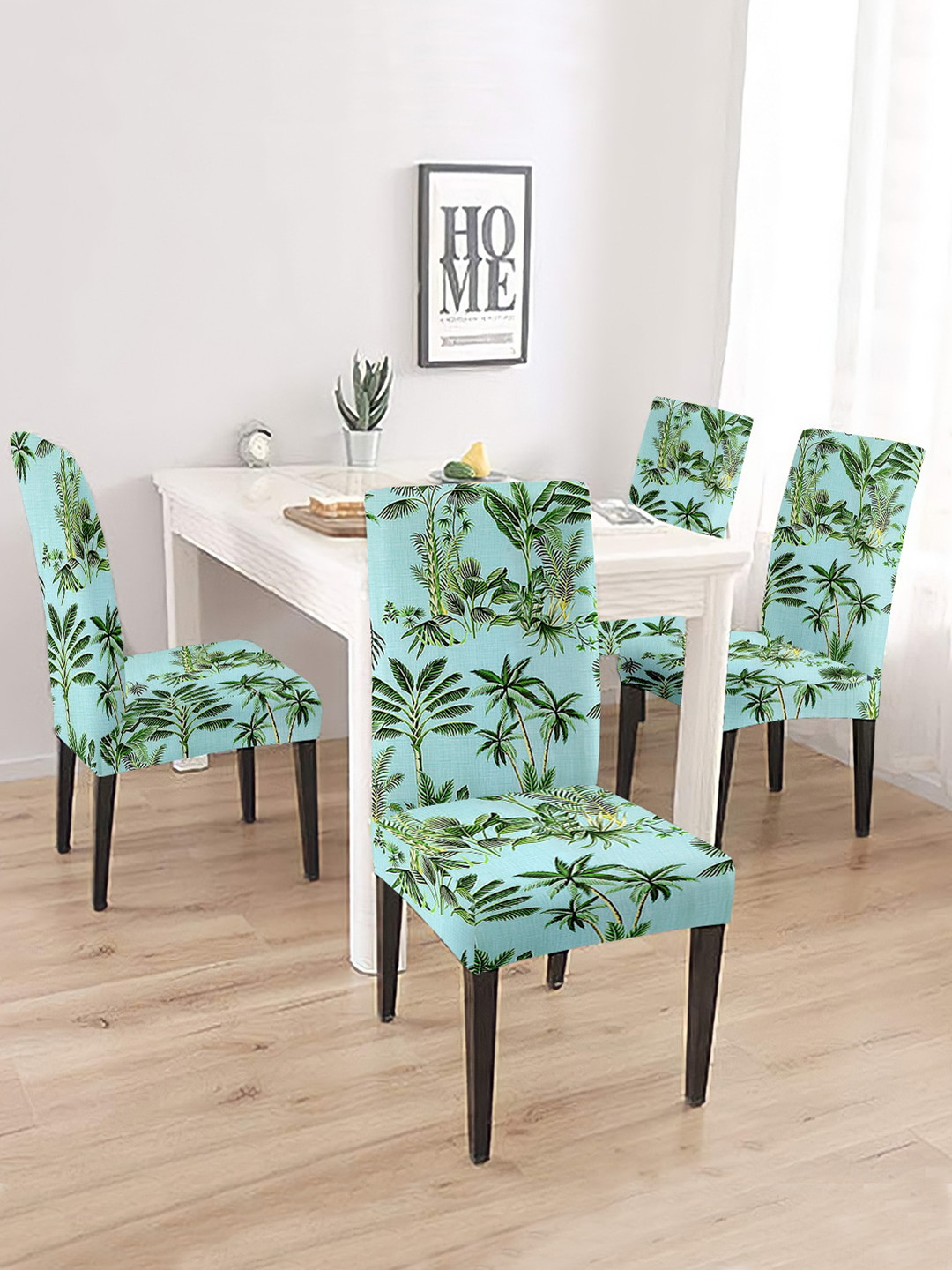 Cortina Sea Green & Green 4 Pcs Tropical Printed Super Stretchable Chair Covers