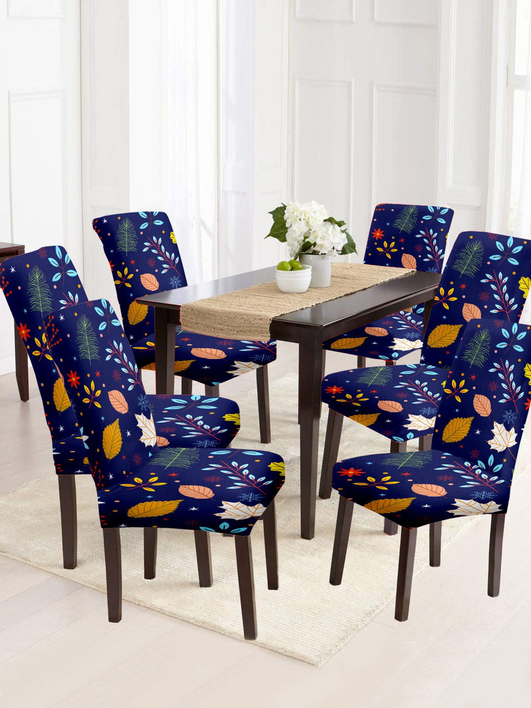 Cortina Navy Blue & Yellow 6 Pcs Printed Super Stretchable Chair Covers