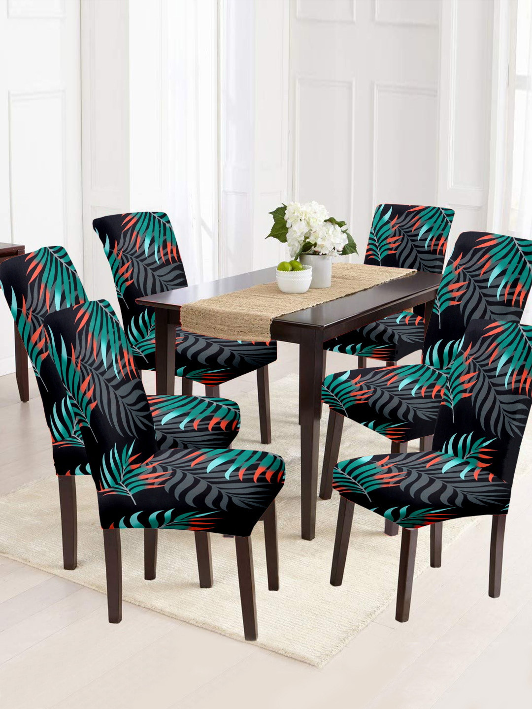 Cortina Black & Teal Blue 6 Pcs Leaf Printed Super Stretchable Chair Covers