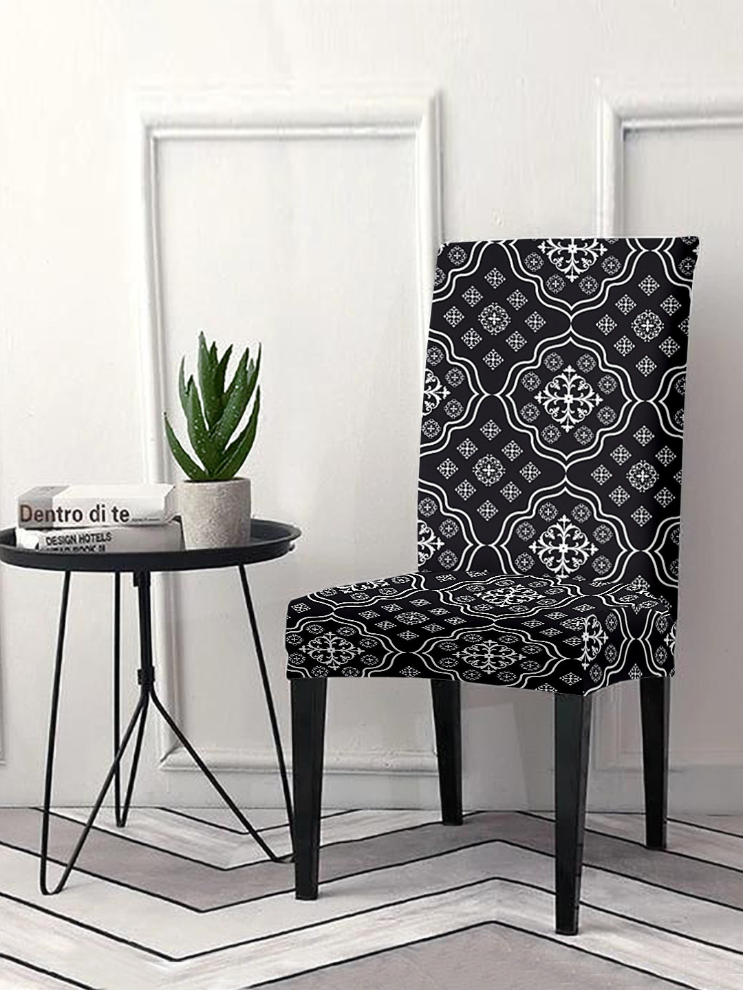Cortina Black & White Ethnic Motif Printed Super Stretchable Anti-Slip Chair Cover